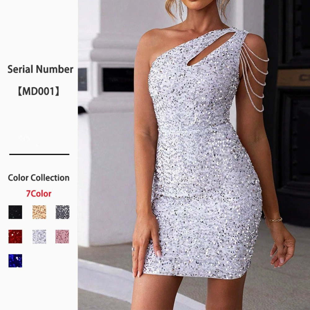 Womens Summer Sexy One Shoulder Sequin Bodycon Dress